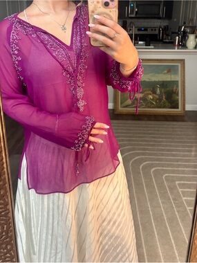 Embellished Purple Sheer V-Neck Tunic Top